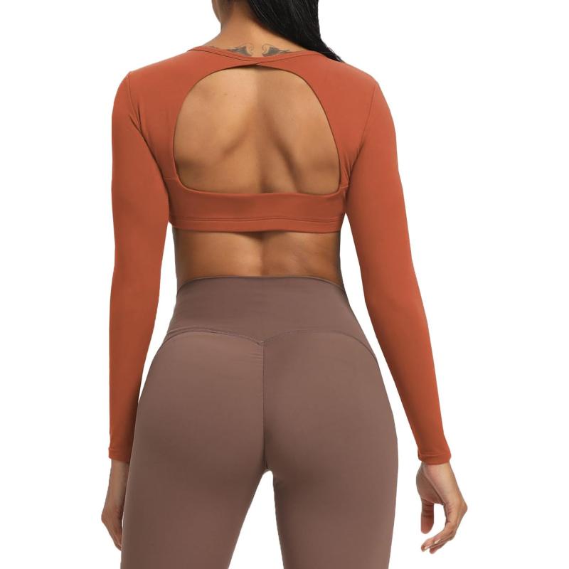 Aoxjox Long Sleeve Crop Tops for Women Clarissa Backless Workout Crop T Shirt TopEarthy Brown