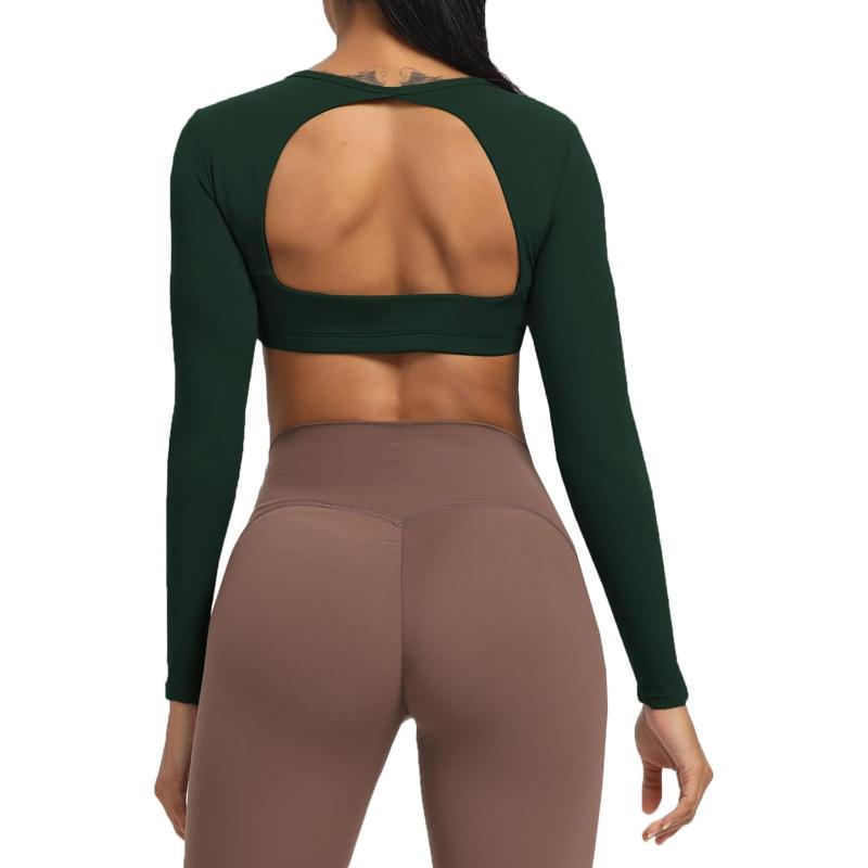 Aoxjox Long Sleeve Crop Tops for Women Clarissa Backless Workout Crop T Shirt TopForest Green Deep Depths Green