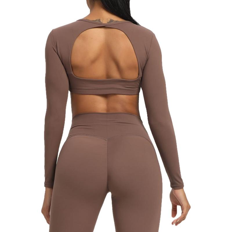 Aoxjox Long Sleeve Crop Tops for Women Clarissa Backless Workout Crop T Shirt TopFudge Coffee