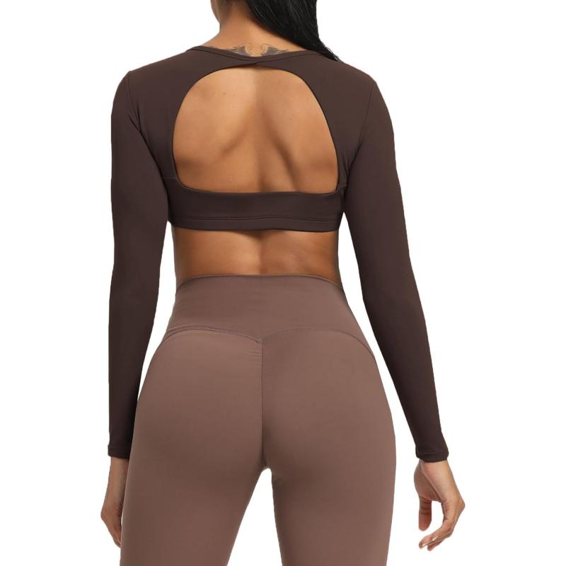 Aoxjox Long Sleeve Crop Tops for Women Clarissa Backless Workout Crop T Shirt TopMulch