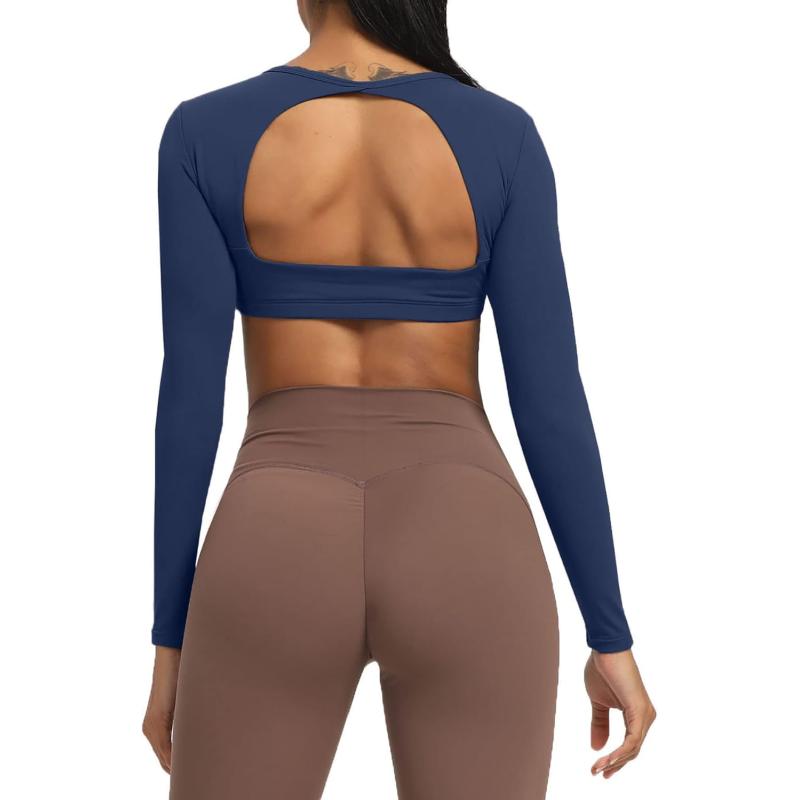 Aoxjox Long Sleeve Crop Tops for Women Clarissa Backless Workout Crop T Shirt TopNavy