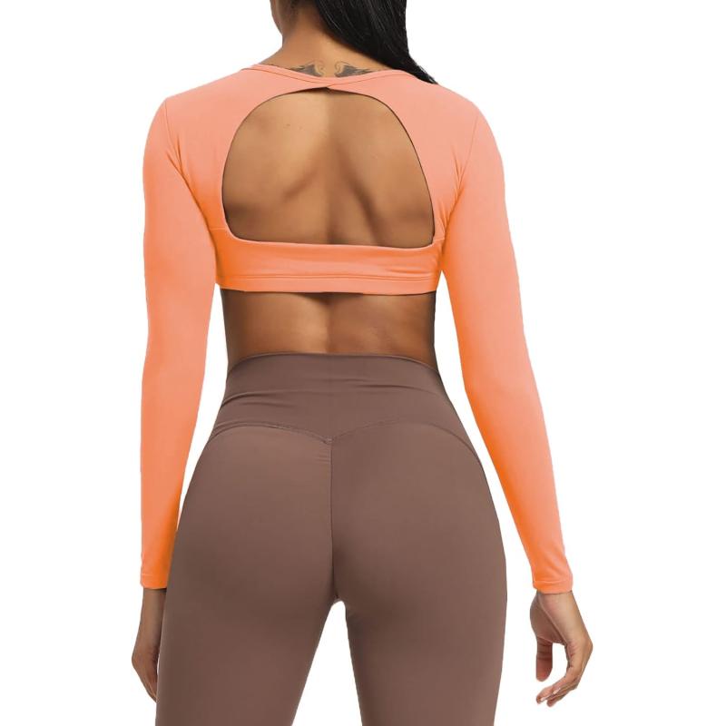 Aoxjox Long Sleeve Crop Tops for Women Clarissa Backless Workout Crop T Shirt TopPapaya