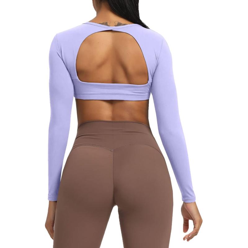 Aoxjox Long Sleeve Crop Tops for Women Clarissa Backless Workout Crop T Shirt TopPurple Heather