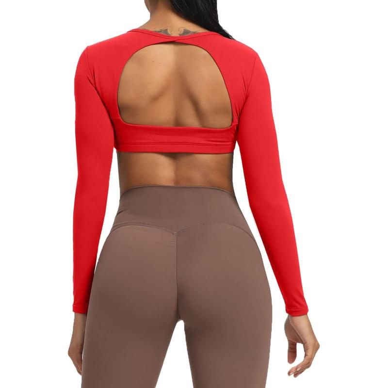 Aoxjox Long Sleeve Crop Tops for Women Clarissa Backless Workout Crop T Shirt TopRacing Red