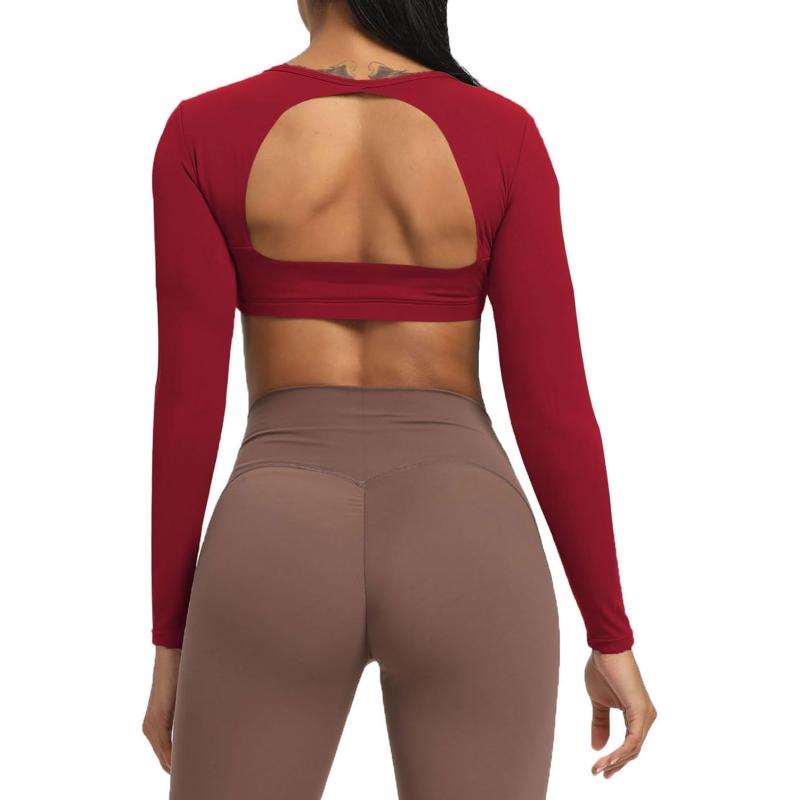 Aoxjox Long Sleeve Crop Tops for Women Clarissa Backless Workout Crop T Shirt TopRumba Red