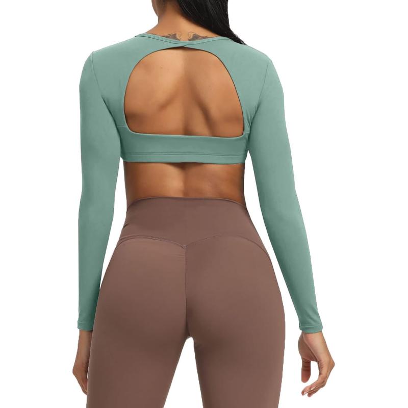 Aoxjox Long Sleeve Crop Tops for Women Clarissa Backless Workout Crop T Shirt TopSage Green