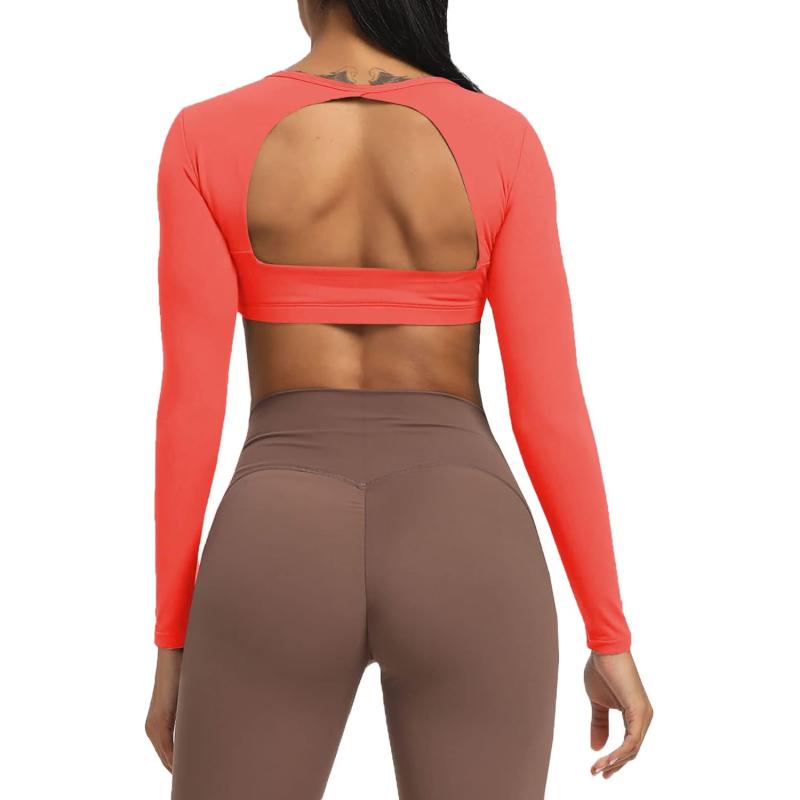 Aoxjox Long Sleeve Crop Tops for Women Clarissa Backless Workout Crop T Shirt TopSpiced Coral