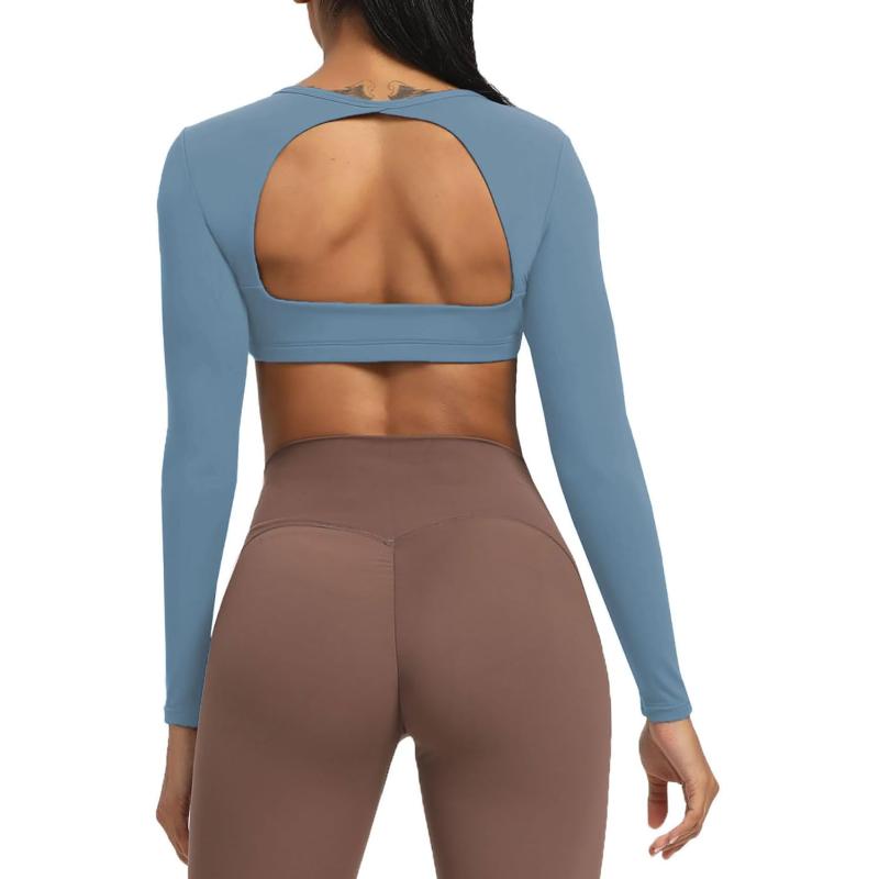 Aoxjox Long Sleeve Crop Tops for Women Clarissa Backless Workout Crop T Shirt TopSteel Blue