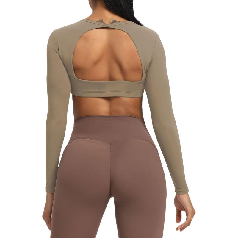 Aoxjox Long Sleeve Crop Tops for Women Clarissa Backless Workout Crop T Shirt TopTaupe