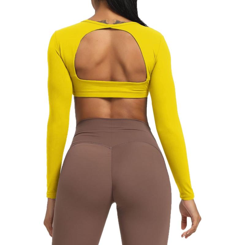 Aoxjox Long Sleeve Crop Tops for Women Clarissa Backless Workout Crop T Shirt TopVibrant Yellow