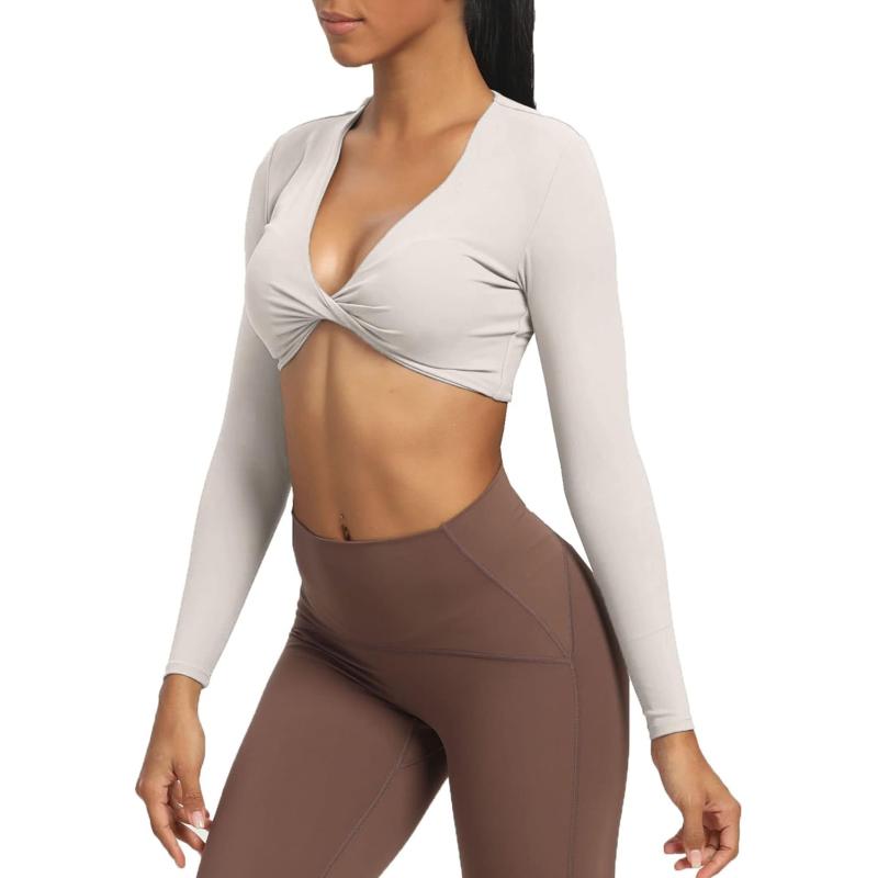 Aoxjox Long Sleeve Crop Tops for Women Sienna Twist Deep V Workout Crop T Shirt TopA Mink