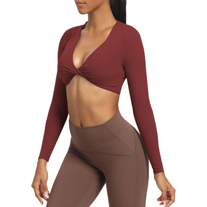 Aoxjox Long Sleeve Crop Tops for Women Sienna Twist Deep V Workout Crop T Shirt TopBurgundy Reddish Brown