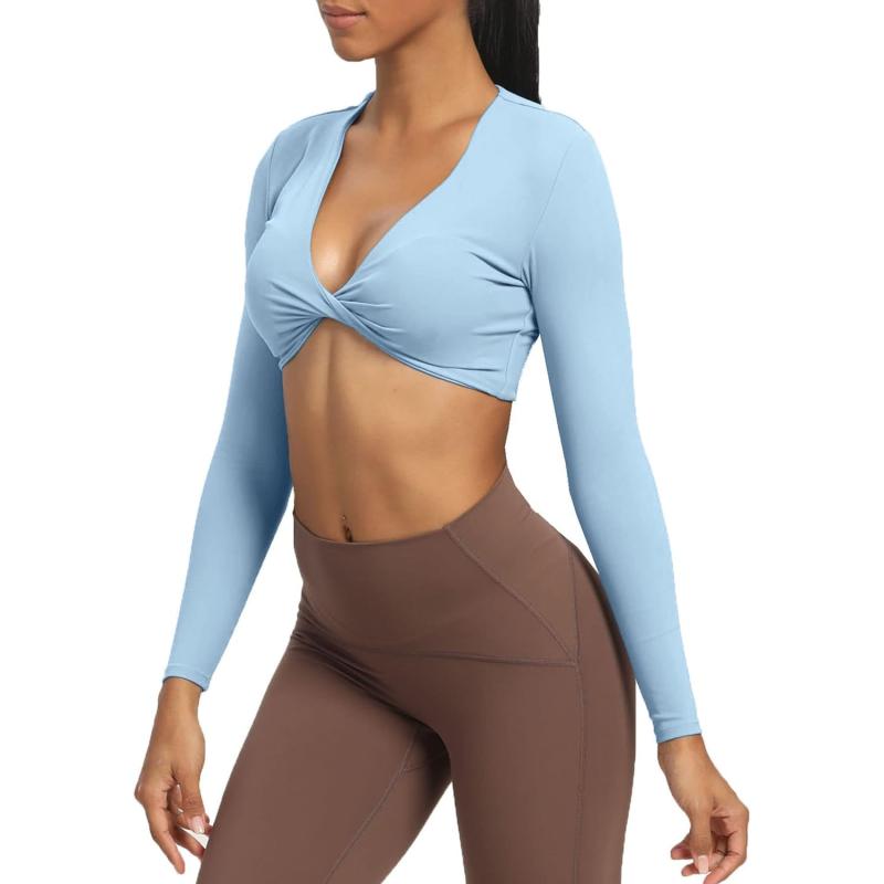 Aoxjox Long Sleeve Crop Tops for Women Sienna Twist Deep V Workout Crop T Shirt TopLight Blue