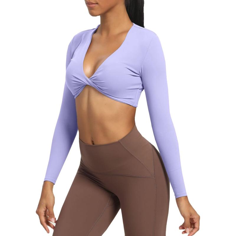 Aoxjox Long Sleeve Crop Tops for Women Sienna Twist Deep V Workout Crop T Shirt TopPurple Heather