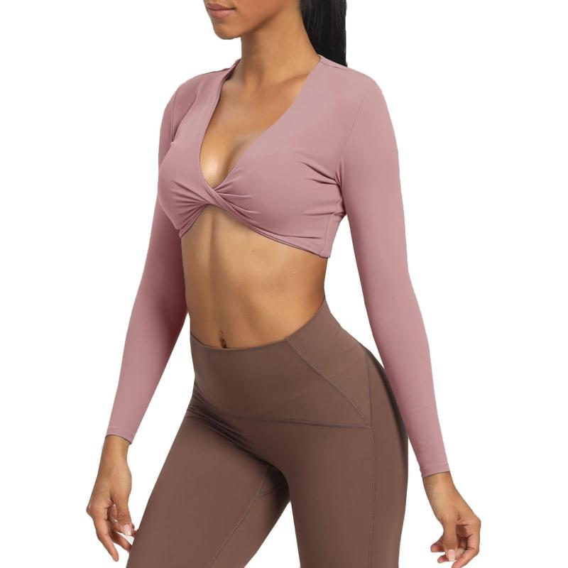 Aoxjox Long Sleeve Crop Tops for Women Sienna Twist Deep V Workout Crop T Shirt TopWoodrose