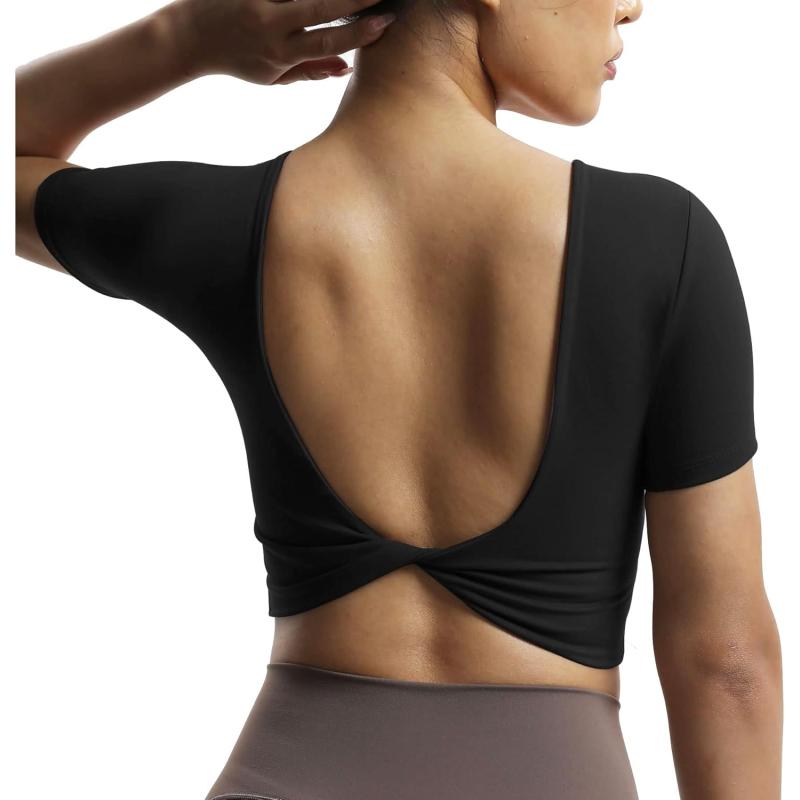 Aoxjox Short Sleeve Crop Tops for Women Emma Backless Twist Back Workout Crop T Shirt TopBlack