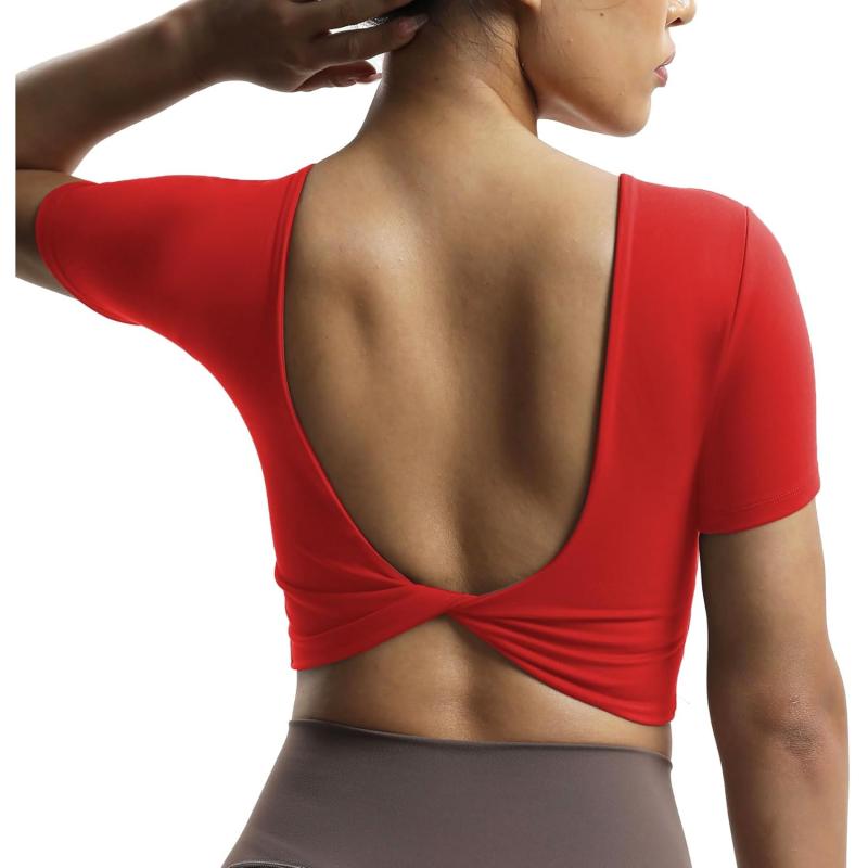Aoxjox Short Sleeve Crop Tops for Women Emma Backless Twist Back Workout Crop T Shirt TopRacing Red