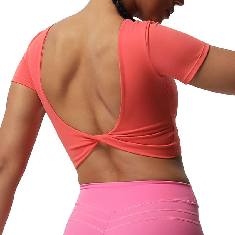 Aoxjox Short Sleeve Crop Tops for Women Emma Backless Twist Back Workout Crop T Shirt TopSpiced Coral