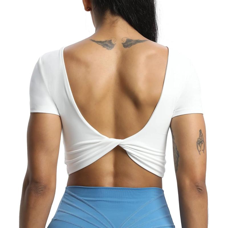 Aoxjox Short Sleeve Crop Tops for Women Emma Backless Twist Back Workout Crop T Shirt TopWhite