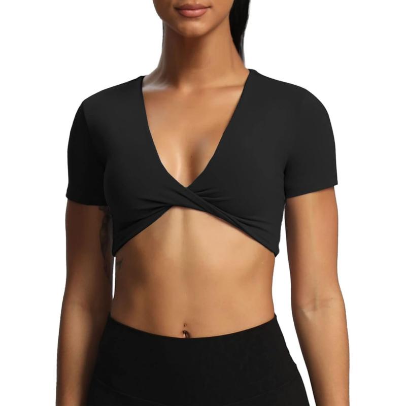 Aoxjox Short Sleeve Crop Tops for Women Sienna Twist Deep V Workout Crop T Shirt TopBlack