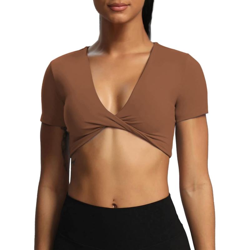 Aoxjox Short Sleeve Crop Tops for Women Sienna Twist Deep V Workout Crop T Shirt TopDandelion Brown