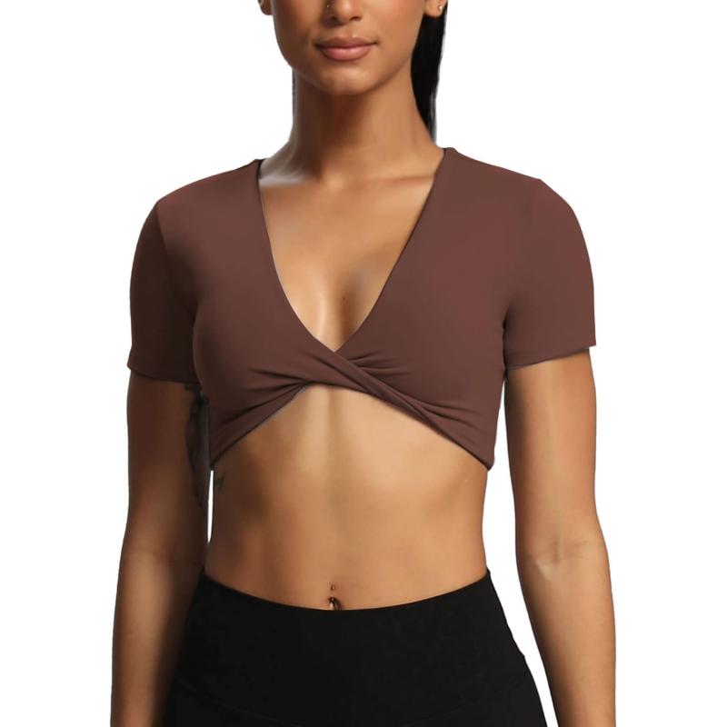 Aoxjox Short Sleeve Crop Tops for Women Sienna Twist Deep V Workout Crop T Shirt TopDark Brown