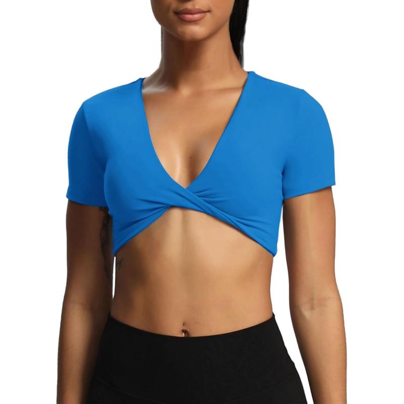 Aoxjox Short Sleeve Crop Tops for Women Sienna Twist Deep V Workout Crop T Shirt TopDirectoire Blue