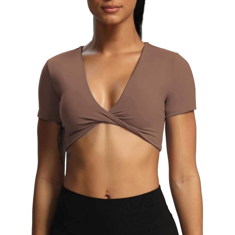 Aoxjox Short Sleeve Crop Tops for Women Sienna Twist Deep V Workout Crop T Shirt TopFudge Coffee