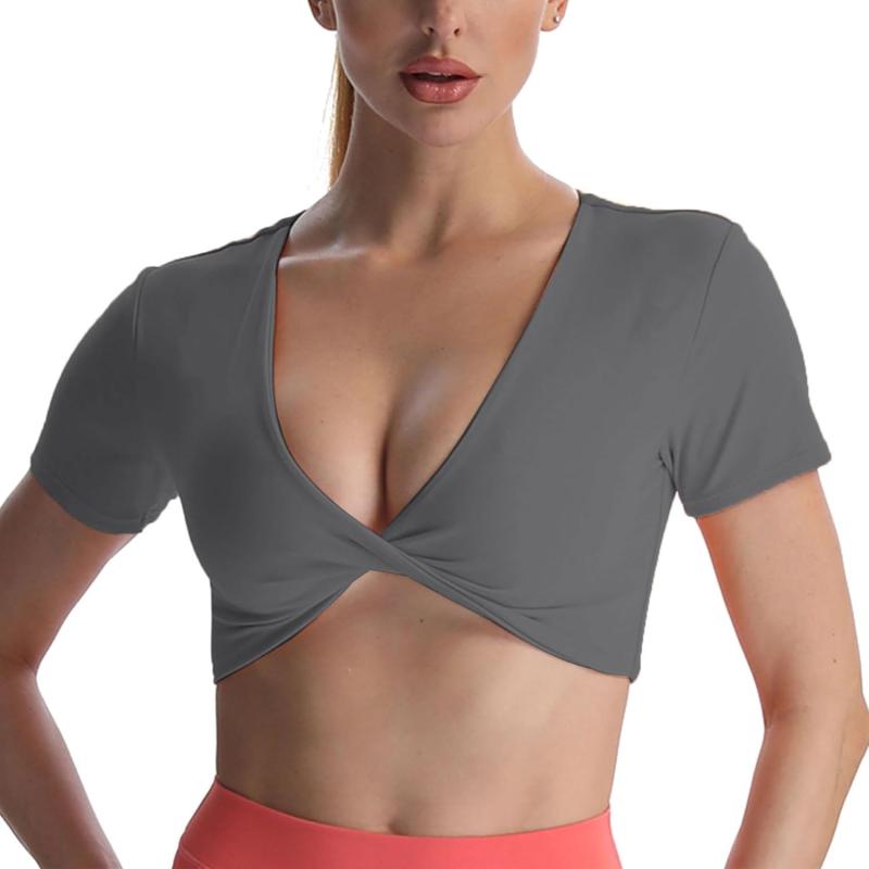 Aoxjox Short Sleeve Crop Tops for Women Sienna Twist Deep V Workout Crop T Shirt TopIron Grey