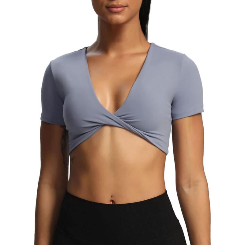 Aoxjox Short Sleeve Crop Tops for Women Sienna Twist Deep V Workout Crop T Shirt TopLazuli