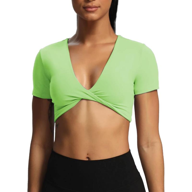 Aoxjox Short Sleeve Crop Tops for Women Sienna Twist Deep V Workout Crop T Shirt TopParadise Green