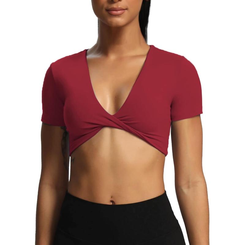 Aoxjox Short Sleeve Crop Tops for Women Sienna Twist Deep V Workout Crop T Shirt TopRumba Red