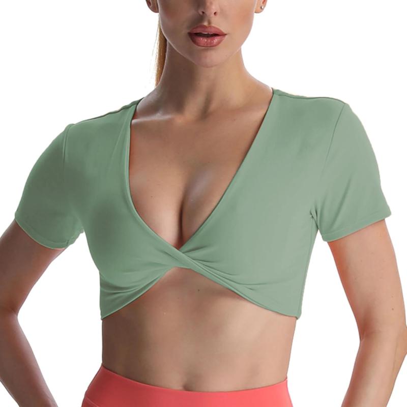 Aoxjox Short Sleeve Crop Tops for Women Sienna Twist Deep V Workout Crop T Shirt TopSage Green