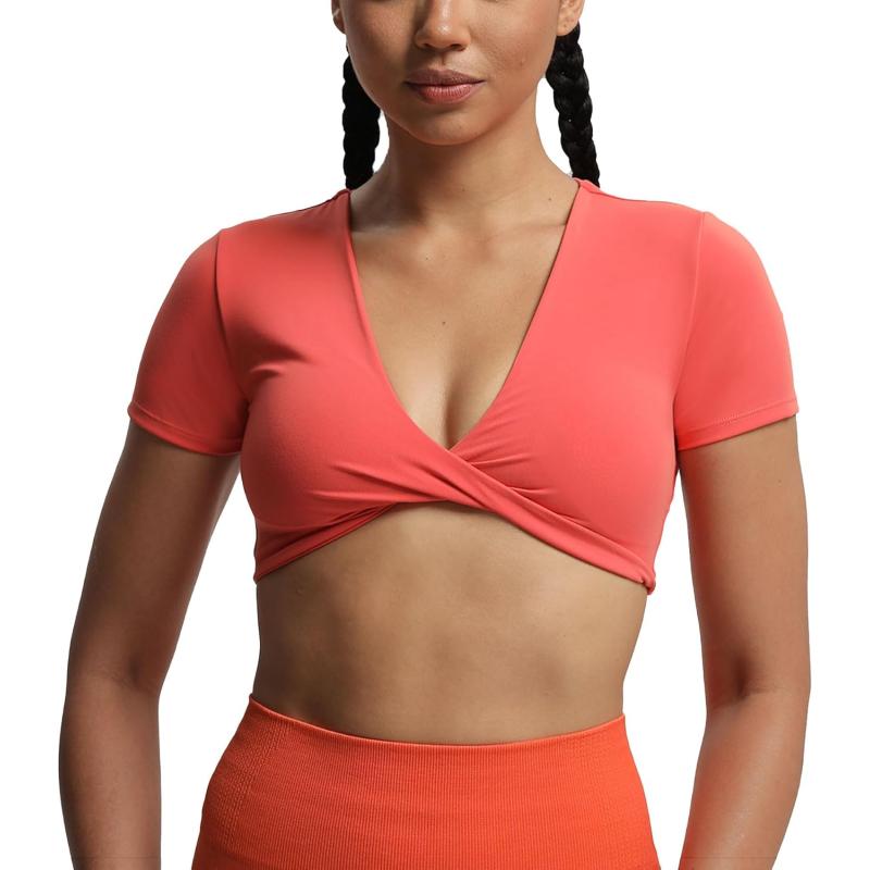 Aoxjox Short Sleeve Crop Tops for Women Sienna Twist Deep V Workout Crop T Shirt TopSpiced Coral