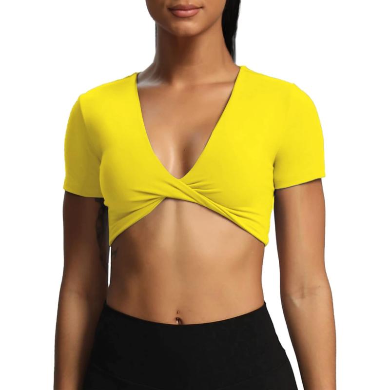 Aoxjox Short Sleeve Crop Tops for Women Sienna Twist Deep V Workout Crop T Shirt TopVibrant Yellow