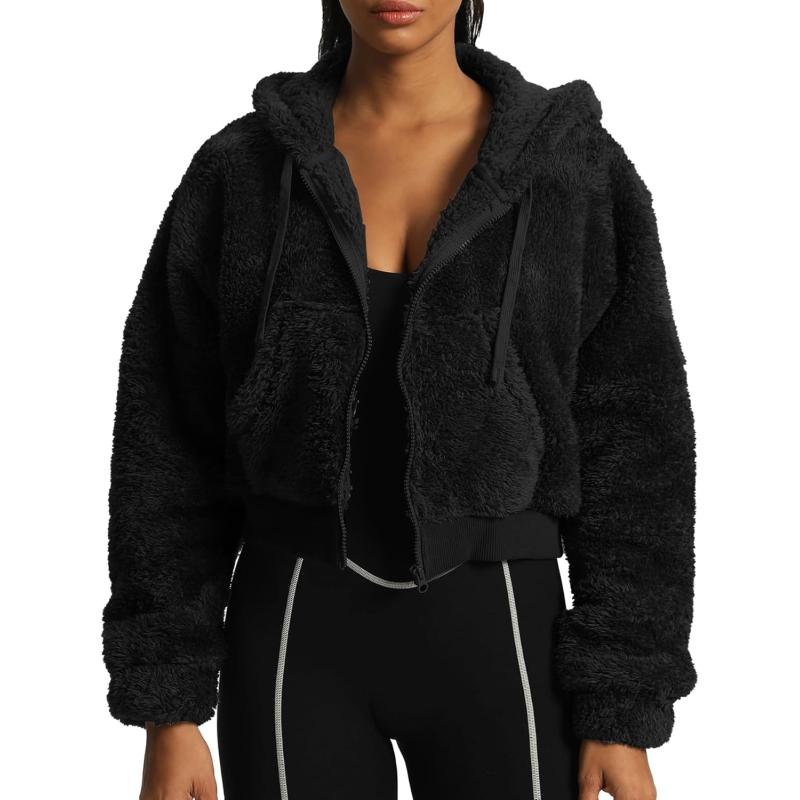 Aoxjox Womens Winter Hoodies Zipper Oversized Fuzzy Teddy Fleece Sweater SweatshirtBlack