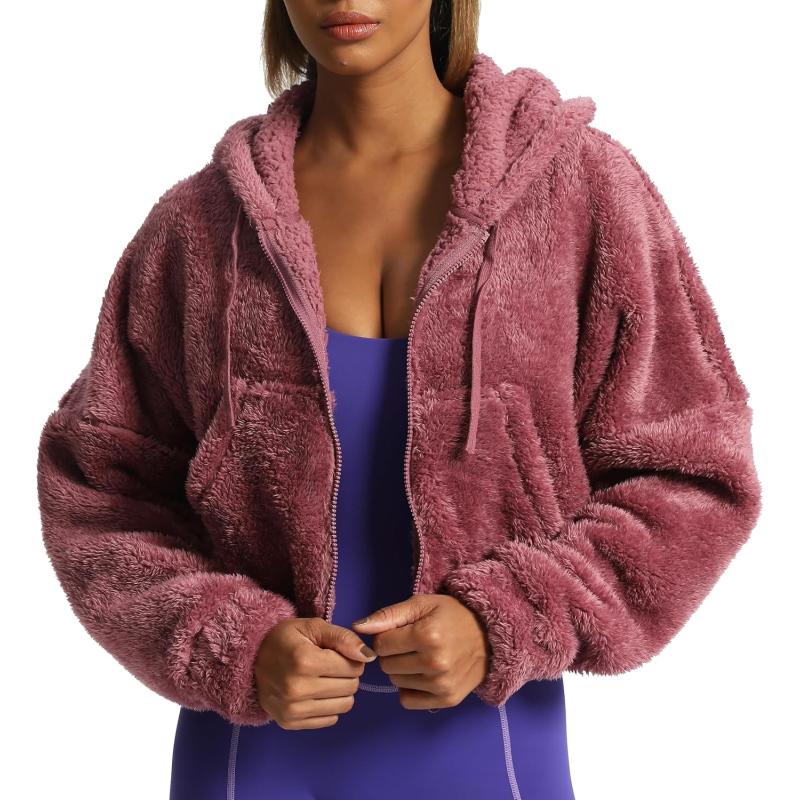 Aoxjox Womens Winter Hoodies Zipper Oversized Fuzzy Teddy Fleece Sweater SweatshirtPink
