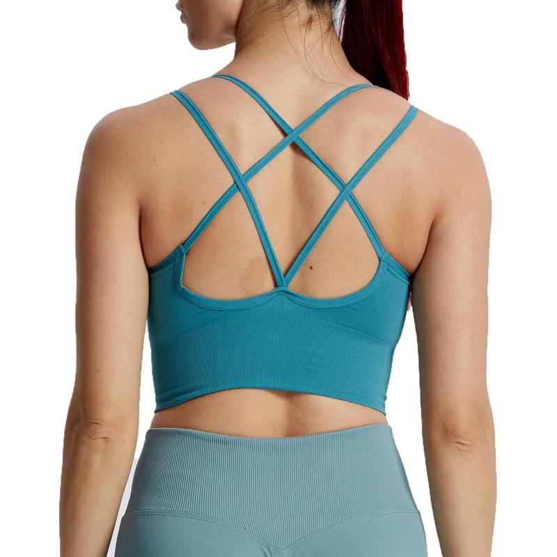 Aoxjox Womens Workout Ribbed Seamless Sports Bras Fitness Running Yoga Crop Tank TopD Teal