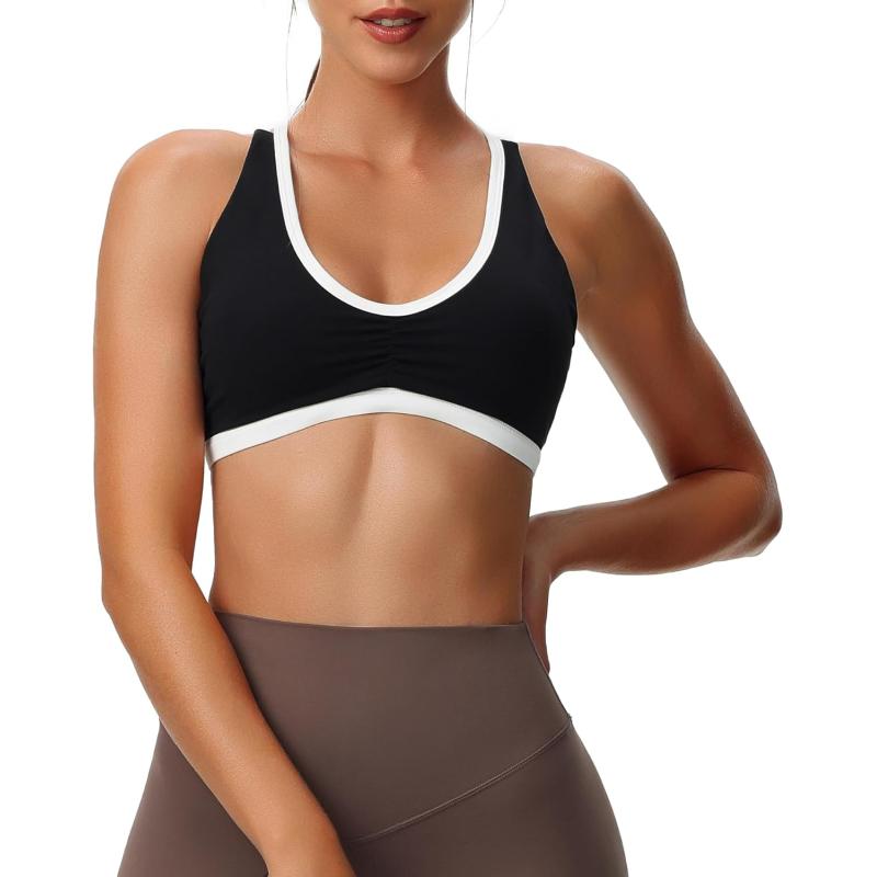 Aoxjox Womens Workout Sports Bras Fitness Backless Padded Rory Ruched Bra Yoga Crop Tank TopBlack and White