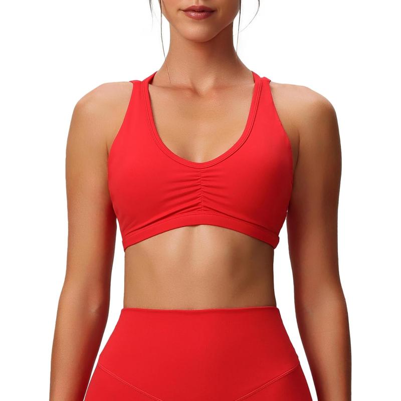 Aoxjox Womens Workout Sports Bras Fitness Backless Padded Rory Ruched Bra Yoga Crop Tank TopRacing Red