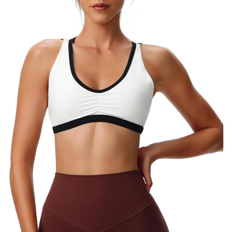 Aoxjox Womens Workout Sports Bras Fitness Backless Padded Rory Ruched Bra Yoga Crop Tank TopWhite and Black