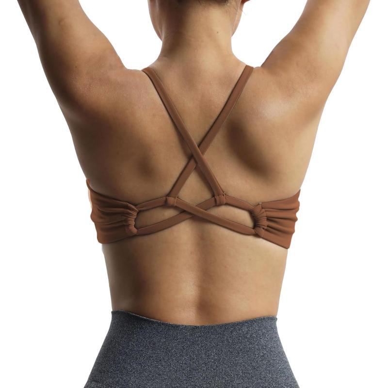 Aoxjox Womens Workout Sports Bras Fitness Molly Cross Back Ruched Padded Bra Yoga Crop Tank TopDandelion Brown