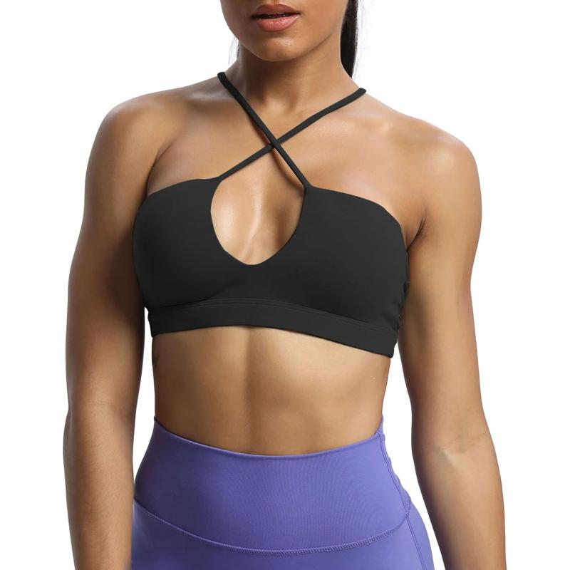 Aoxjox Womens Workout Sports Bras Jamie Deep V Fitness Backless Padded Training Gym Bra Yoga Crop Tank TopA Black