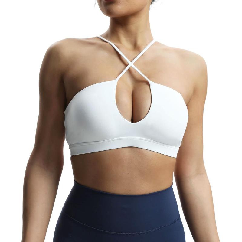 Aoxjox Womens Workout Sports Bras Jamie Deep V Fitness Backless Padded Training Gym Bra Yoga Crop Tank TopA White