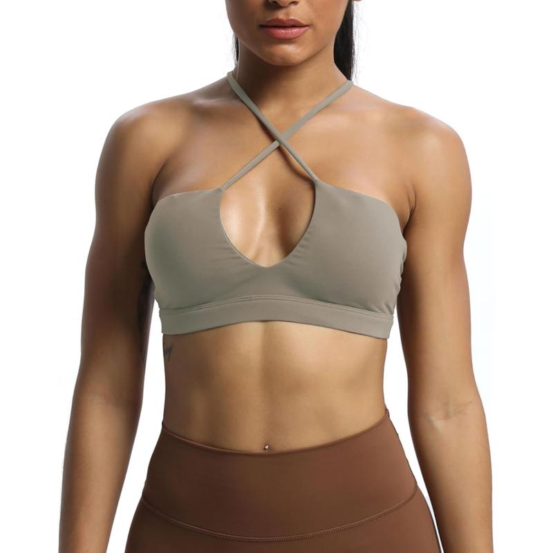Aoxjox Womens Workout Sports Bras Jamie Deep V Fitness Backless Padded Training Gym Bra Yoga Crop Tank TopDriftwood