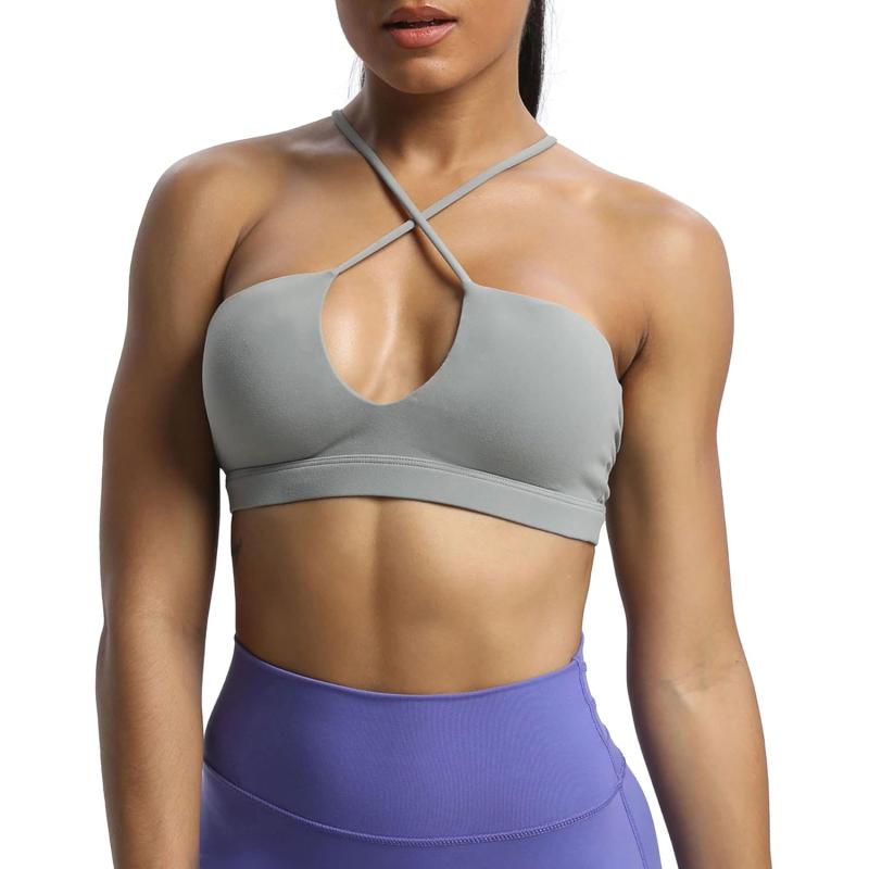 Aoxjox Womens Workout Sports Bras Jamie Deep V Fitness Backless Padded Training Gym Bra Yoga Crop Tank TopGrey