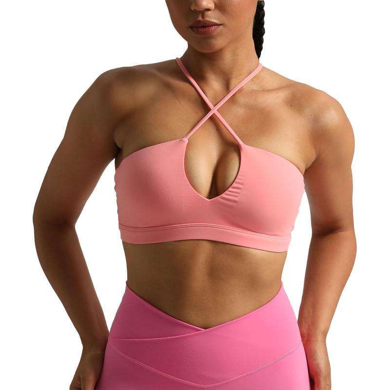 Aoxjox Womens Workout Sports Bras Jamie Deep V Fitness Backless Padded Training Gym Bra Yoga Crop Tank TopSalmon Rose