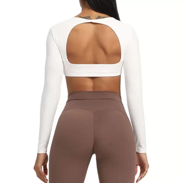 Aoxjox Long Sleeve Crop Tops for Women Clarissa Backless Workout Crop T Shirt TopA White