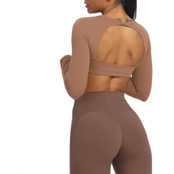 Aoxjox Long Sleeve Crop Tops for Women Clarissa Backless Workout Crop T Shirt TopBrownie