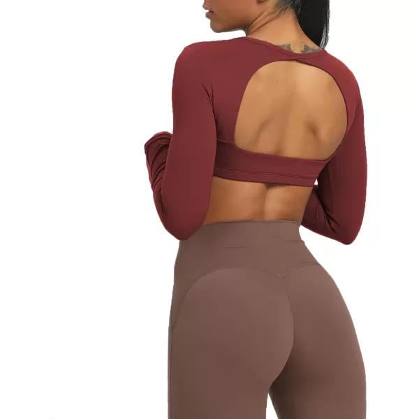 Aoxjox Long Sleeve Crop Tops for Women Clarissa Backless Workout Crop T Shirt TopBurgundy Reddish Brown